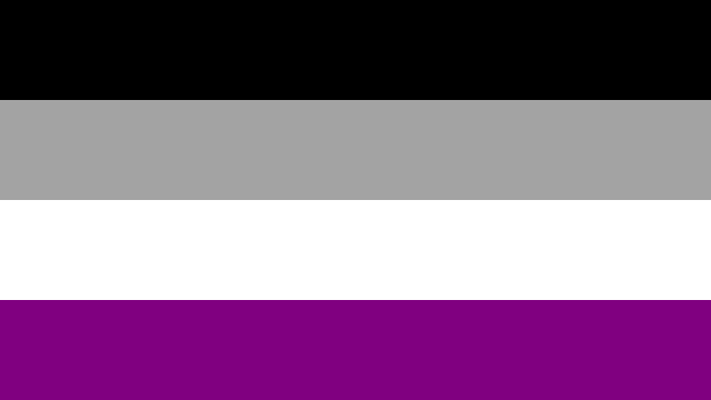 Asexual pride flag containing horizontal stripes of black, grey, white, and purple. 